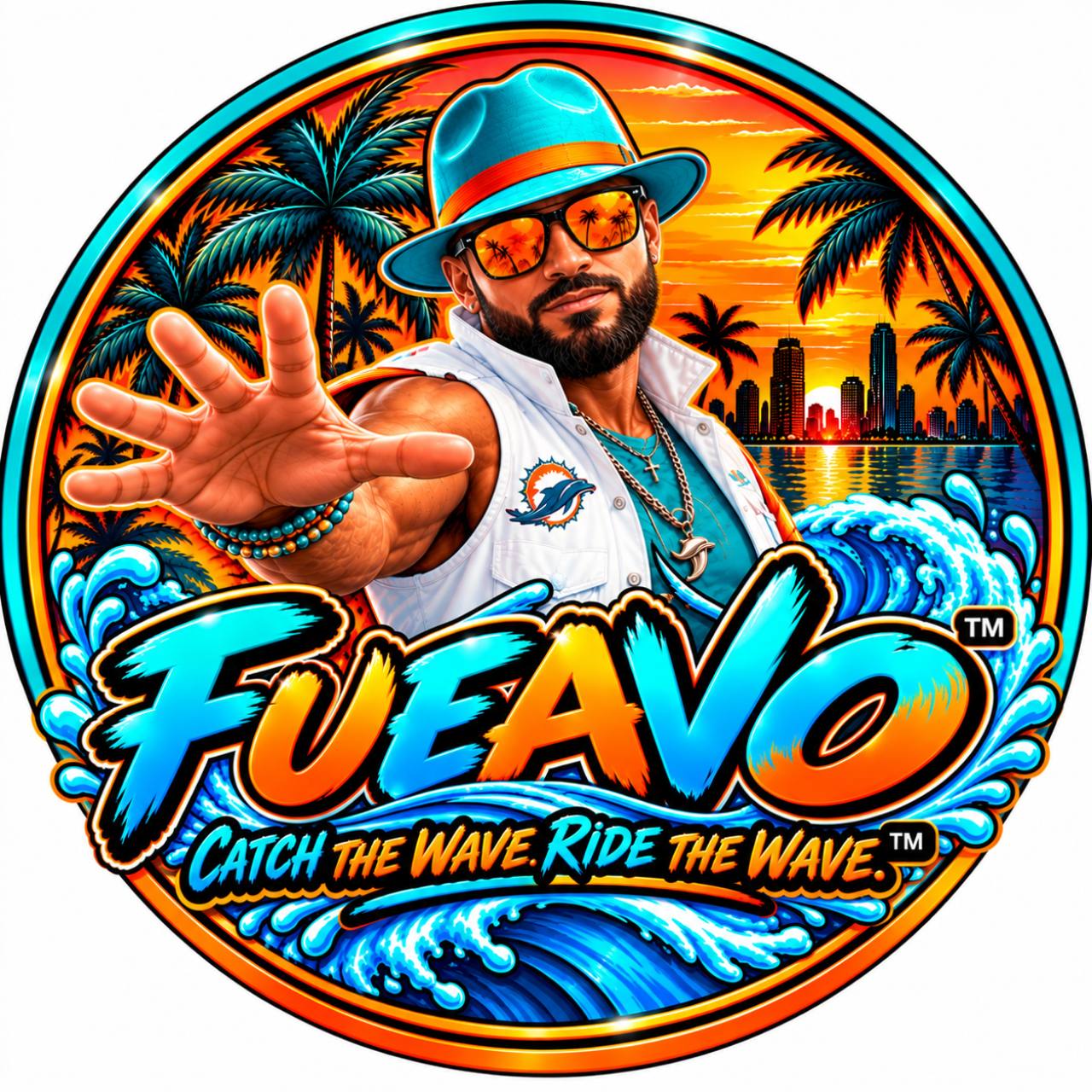 Fueavo character logo with turquoise hat, sunset, and waves